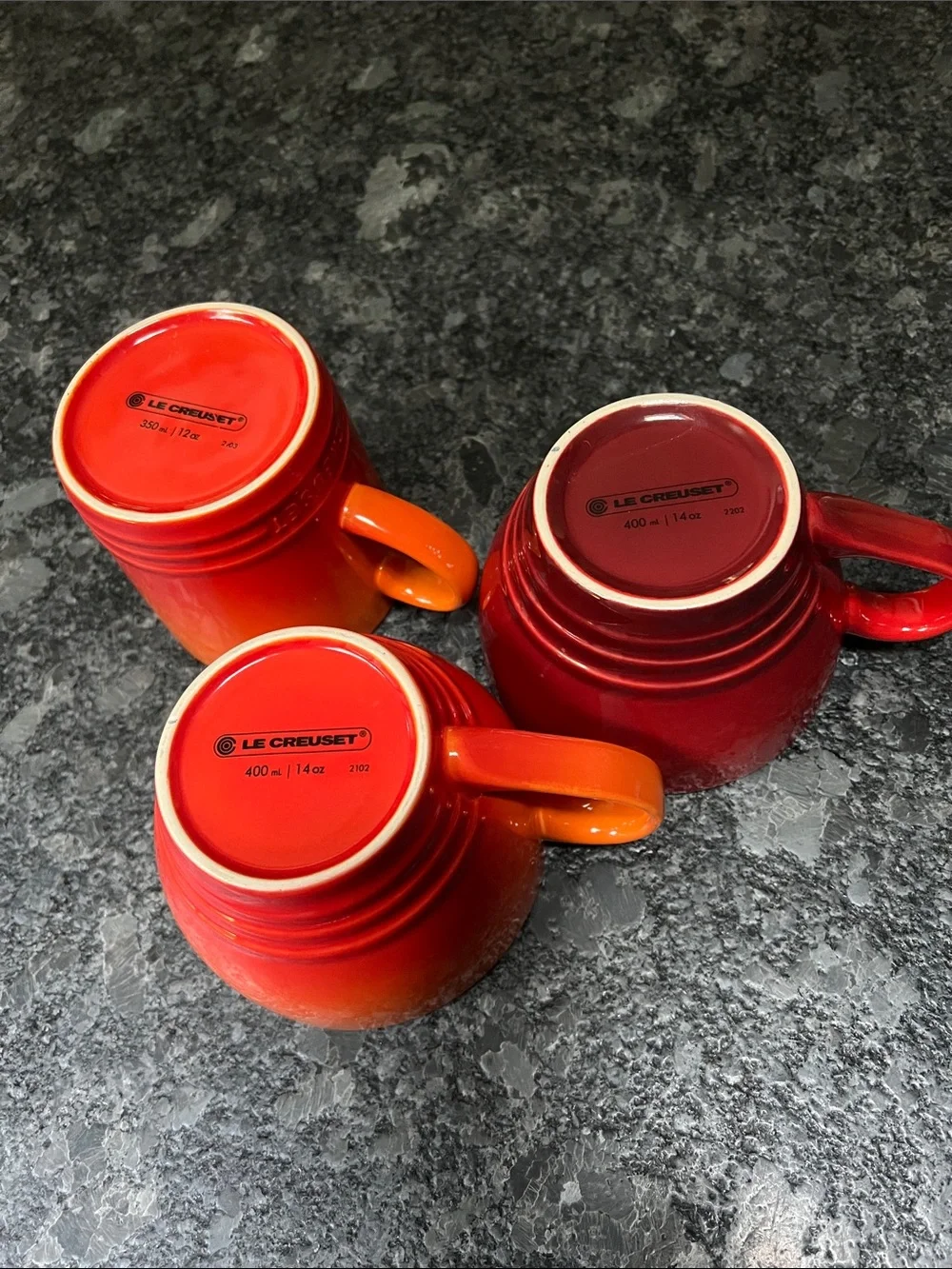 Set of 3 Le Creuset Coffee 14oz and 12oz Tea Cups Flame and Cherry